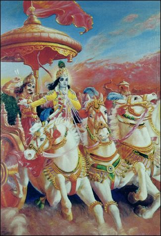 Там, где Кришна, Владыка йоги, где великий Лучник, сын Притхи, там победа, счастье, удача, в делах праведность — так я знаю.